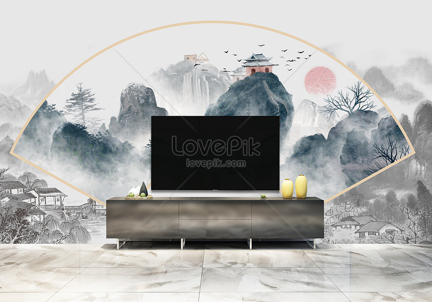 Ink and wash painting tv background wall creative image_picture free  download 