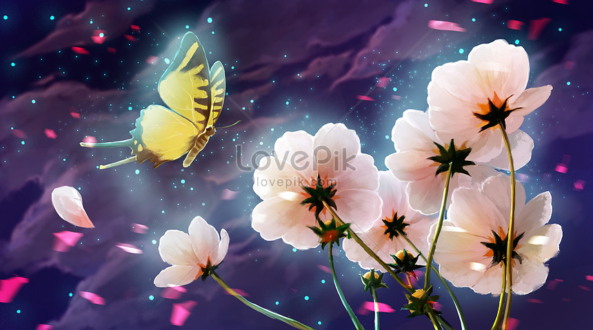 Butterflies dancing among flowers in the night sky illustration  image_picture free download 