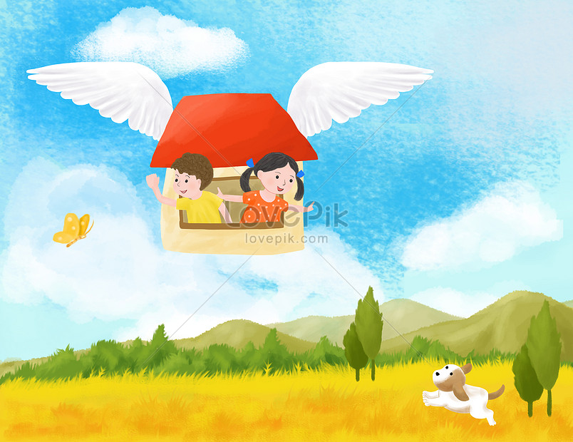 Flying house travel illustration image_picture free download  