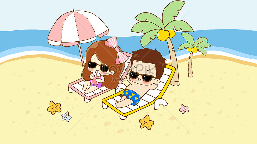 Q cartoon couple beach holiday sunshine bath illustration image_picture  free download 