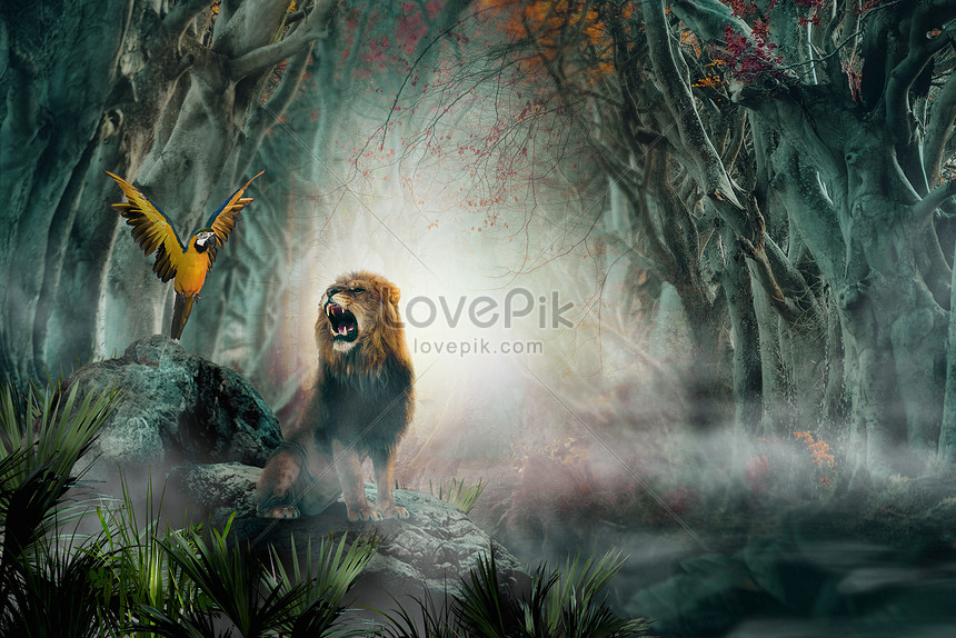 León En El Bosque | HD Creativo antecedentes imagen descargar - Lovepik