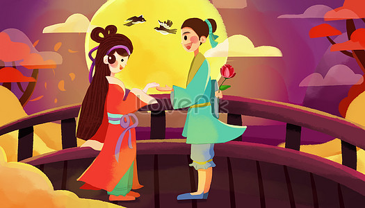 Tanabata festival cartoon cowherd and weaver girl bridge meeting ...