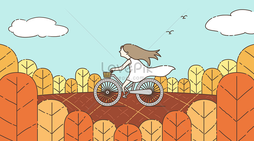 自転車のイラストに乗って立っている秋の女の子イメージ 図 Id