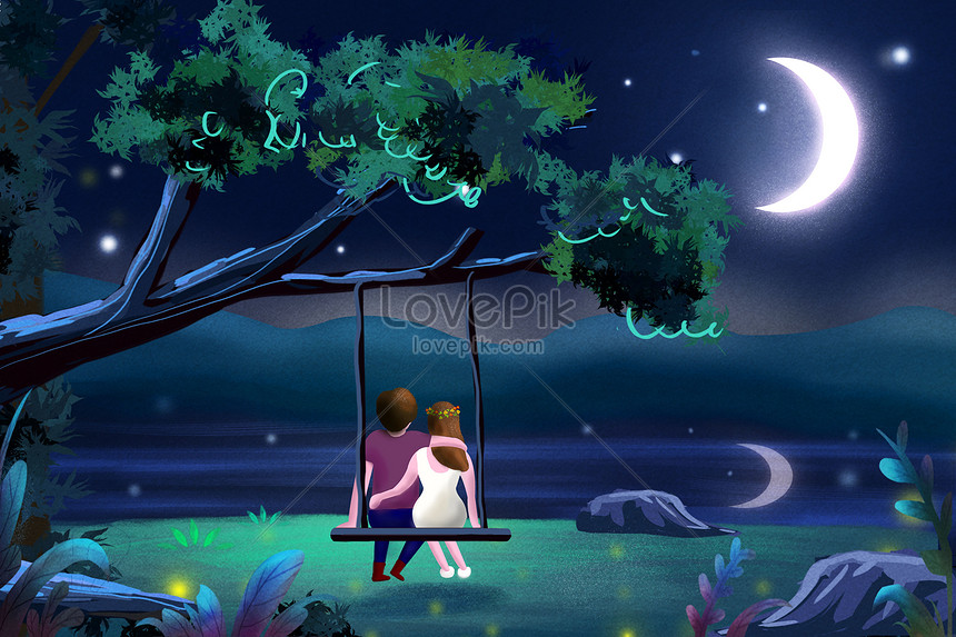 Lakeside lovers enjoy the moon illustration image_picture free download ...