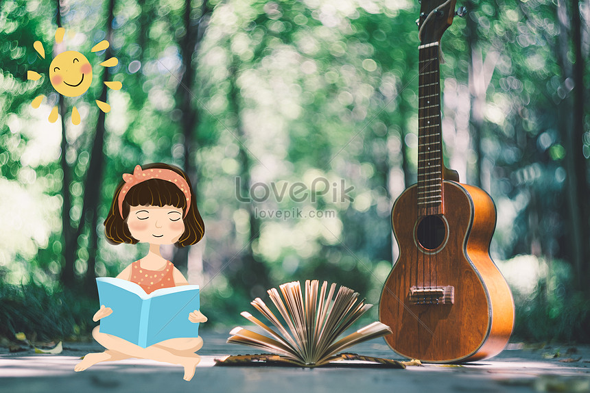 ギターで本を読む小さな女の子の創造的な写真イラストイメージ 図 Id Prf画像フォーマットpsd Jp Lovepik Com