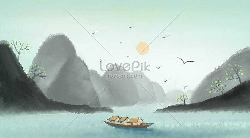 水墨画桂林山水中国画 イラスト素材 無料ダウンロード - Lovepik