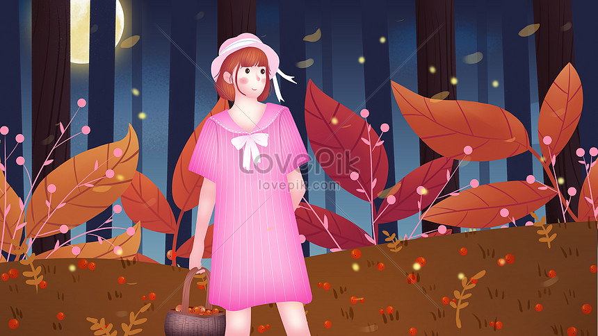 秋の秋の森の夜景の女の子プレイイラストイメージ 図 Id Prf画像フォーマットpsd Doc Jp Lovepik Com