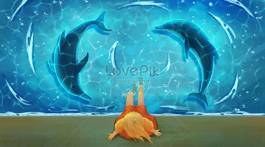 イルカと戯れる女の子 イラスト素材 無料ダウンロード - Lovepik