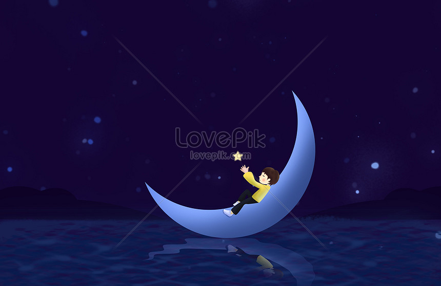 唯美な描写の月と少年 イラスト素材 無料ダウンロード - Lovepik