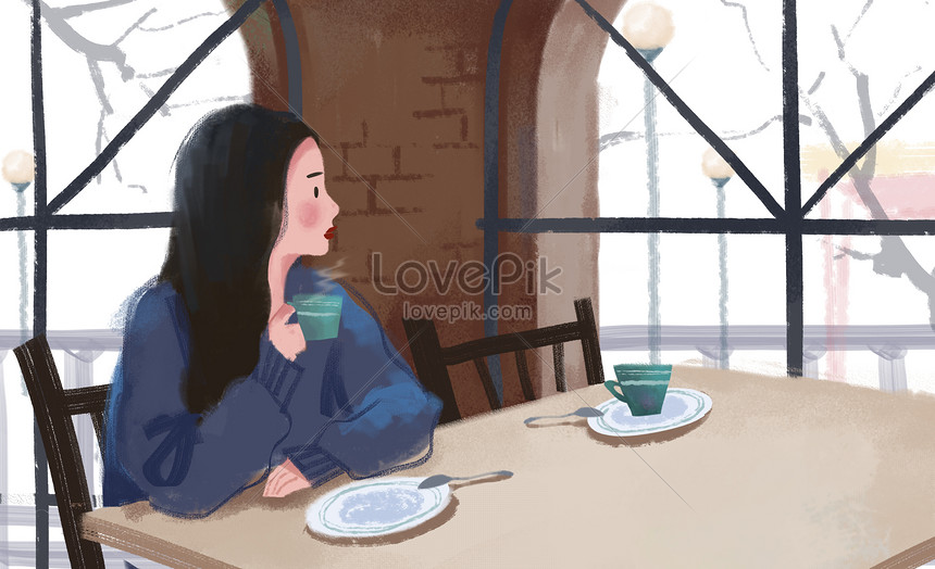 コーヒーを飲む女の子 イラスト素材 無料ダウンロード - Lovepik