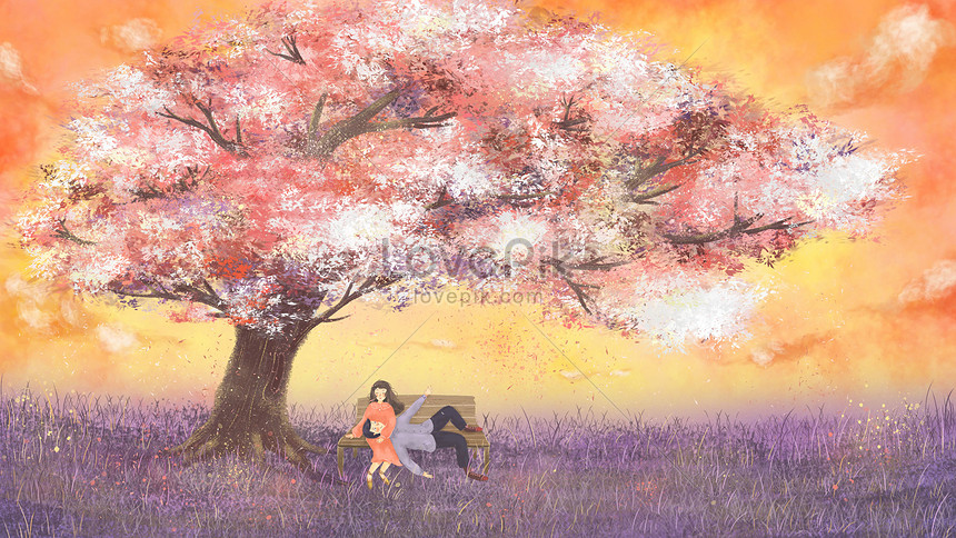 Pasangan Kecil Yang Segar Dan Cantik Di Bawah Pohon Sakura