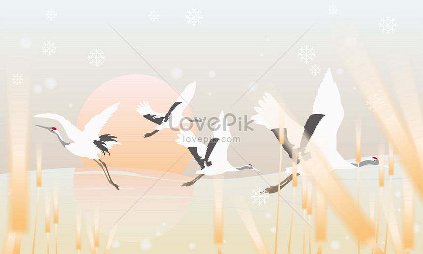 Cranes and reeds flying by the lake illustration image_picture free ...