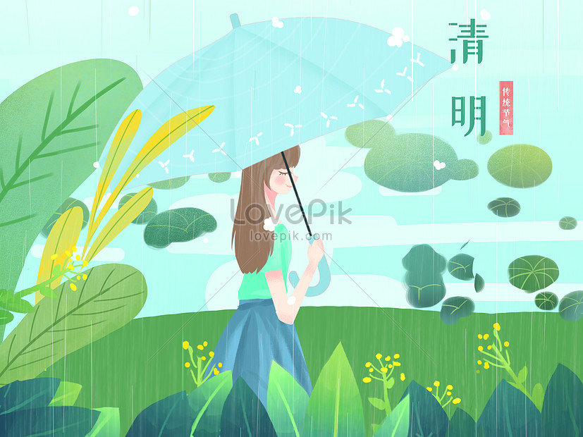 Contoh Kecil Gaya Ilustrasi Ching Ming Festival Hujan Gadis