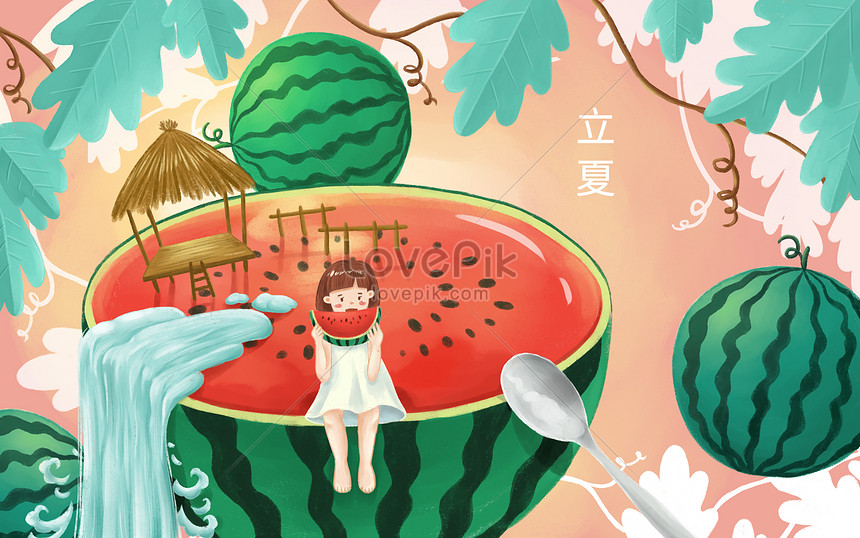 スイカのイラストを食べて夏の女の子 イラスト素材 無料ダウンロード Lovepik