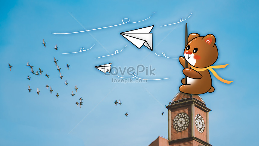 Creative clock tower bear flying paper plane illustration image_picture  free download 