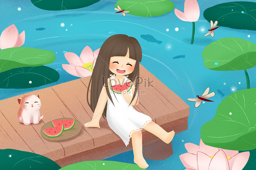 スイカ夏イラストを食べる少女蓮池イメージ 図 Id Prf画像フォーマットpsd Jp Lovepik Com