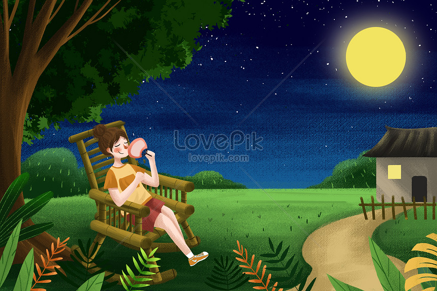 夏の夜の女の子はクールなロッキングチェア田舎イラスト小さな新鮮な夏の夏の暑さを取るイメージ 図 Id Prf画像フォーマットpsd Jp Lovepik Com