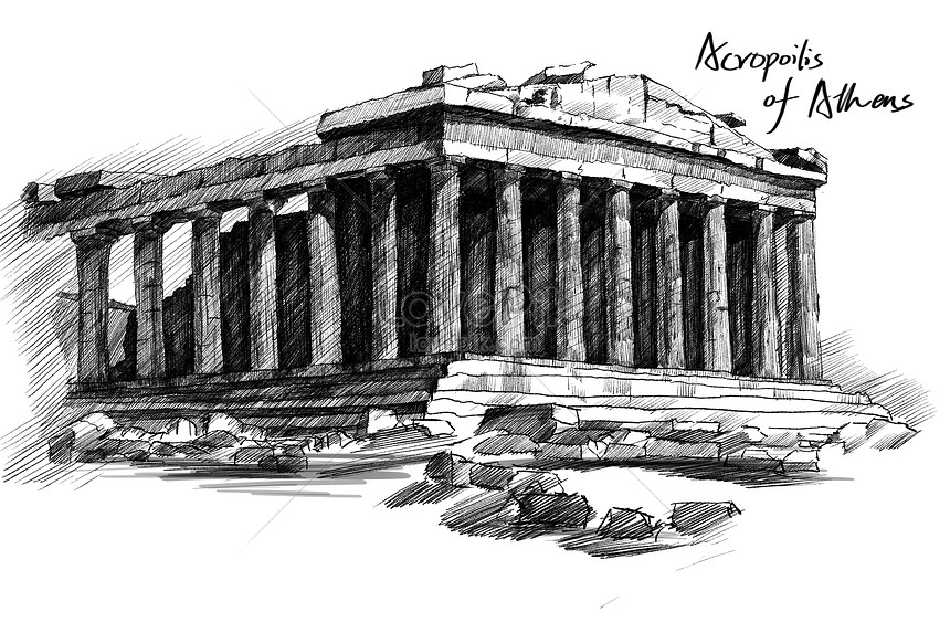 Stage Design, The Erectheion on the Acropolis, Athens, Greece, Romolo  Achille Liverani, Italian, 1809 - 1872, Alessandro Sanquirico, Italian,  1777 - 1849, Pen and sepia ink, brush and wash on paper, Horizontal  rectangle. Ancient Greek temple in ruins, the ...