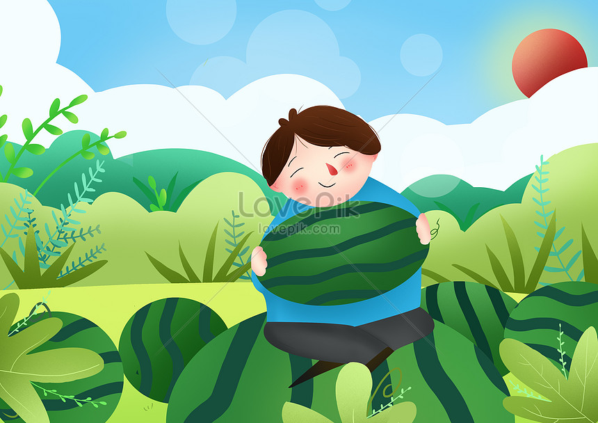 Boy holding watermelon in summer watermelon field illustration  image_picture free download 