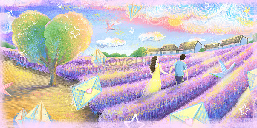 Couple walking in lavender fields illustration image_picture free ...