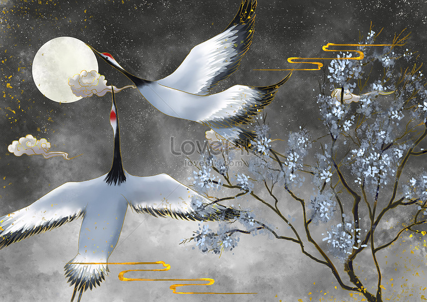Bronzing chinese style white plum crane illustration image_picture free ...