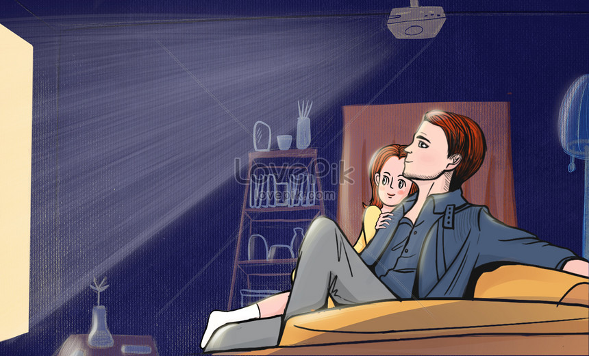 Valentine couple watching movie at home illustration image_picture free  download 