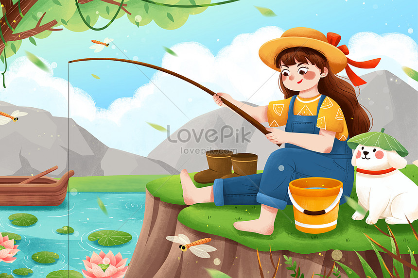 24 solar terms summer solstice fishing girl and dog illustration  illustration image_picture free download 