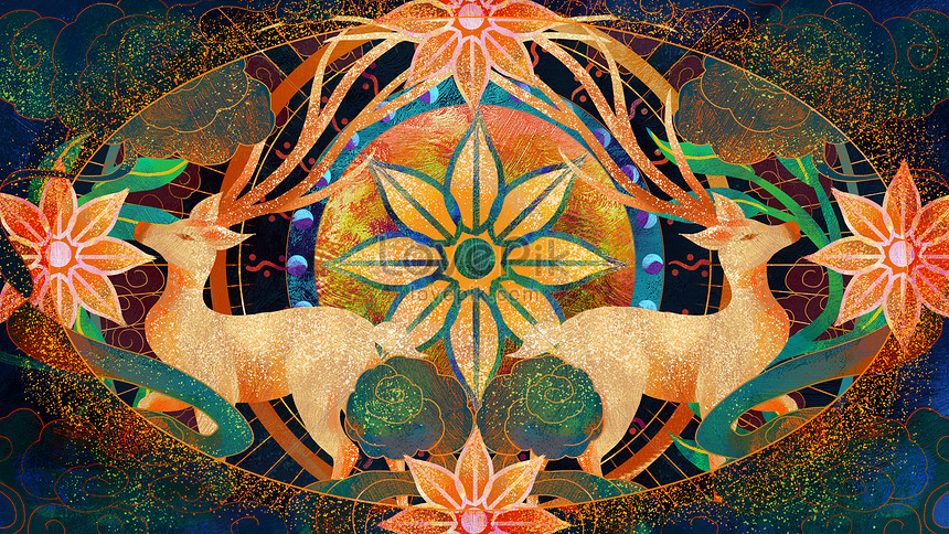 Chinese style totem double deer mural illustration image_picture free ...