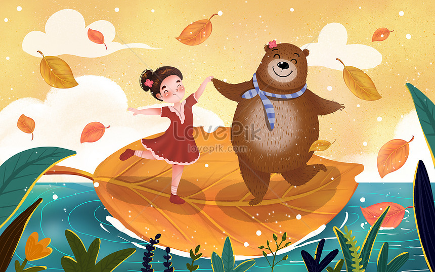 Girl dancing with little bear on leaves illustration image_picture free