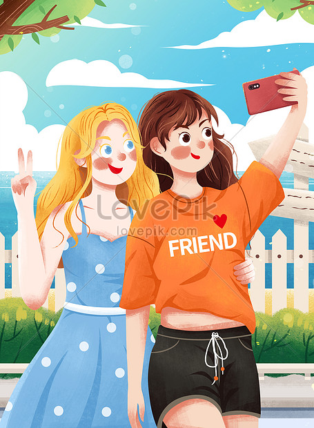 Exotic Girlfriends Group Photo Selfie Illustration, international friendship day illustration, exotic friends illustration, foreigners illustration