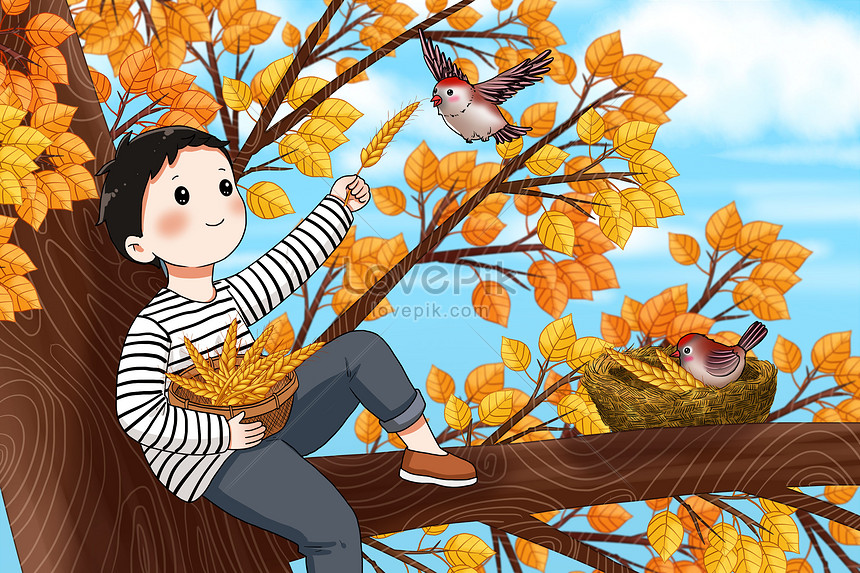 Boy sitting on the tree feeding the birds illustration image_picture ...