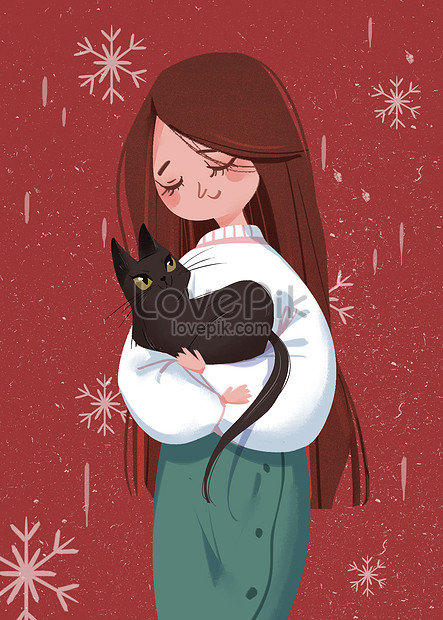 Girl Holding Cat In Winter Mobile Wallpaper Ilration Image Picture Free 401865783 Lovepik Com - Cat Girl Wallpaper Cell Phone