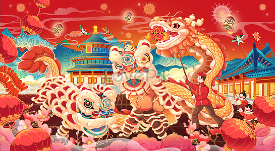 Dragon dance new year good luck national style illustration ...