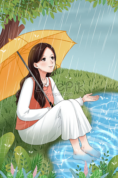 Sad woman with an umbrella walking under the rain Vector Image