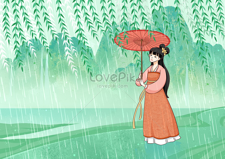 雨の日に傘のイラストを保持している古代スタイルの女の子イメージ 図 Id Prf画像フォーマットpsd Jp Lovepik Com