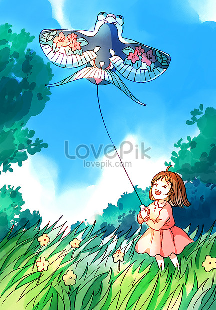 Vertical drawing of a little girl flying a kite in spring day illustration  image_picture free download 