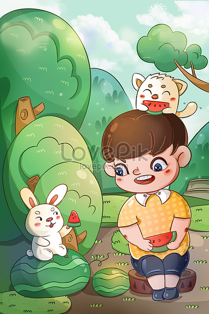 夏の息切な男の子と小動物はスイカイラストを食べるイメージ 図 Id Prf画像フォーマットpsd Jp Lovepik Com
