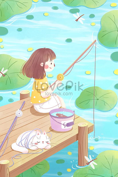 夏の女の子釣りイラスト イラスト素材 無料ダウンロード Lovepik