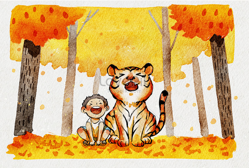 Autumn autumn tiger and little boy watercolor illustration image_picture  free download 