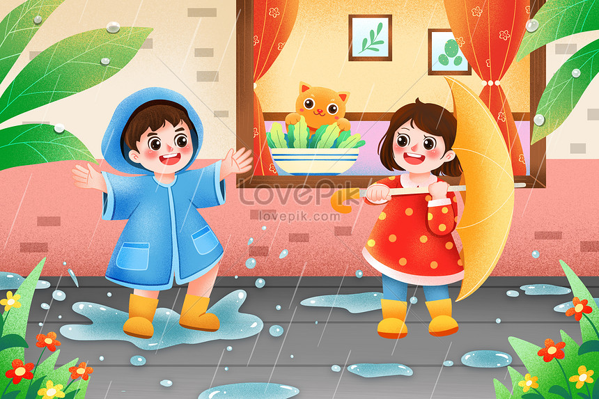 Cartoon illustration of children playing with water in rainy season  illustration image_picture free download 