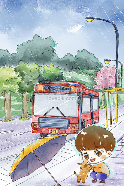 Watercolor Illustration Of Little Boy Playing At Bus Stop In Rainy.