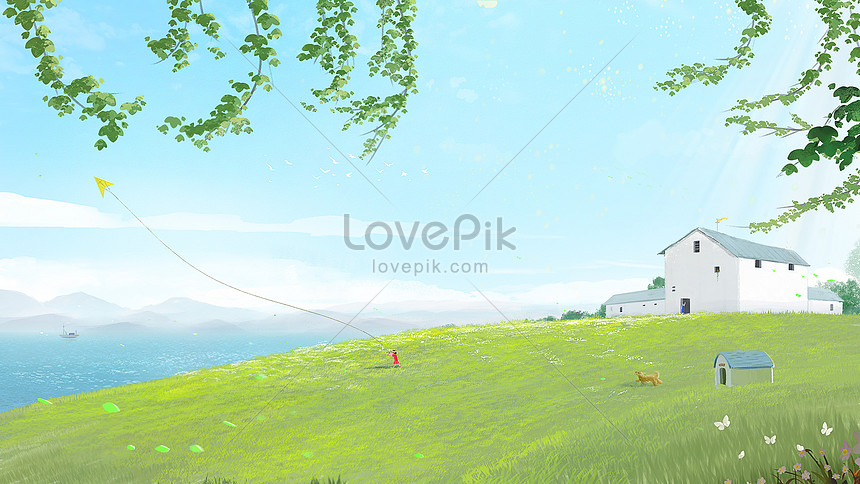 Beautiful Illustration Of Flying A Kite In Spring Illustration, spring illustration, vernal equinox illustration, kite illustration