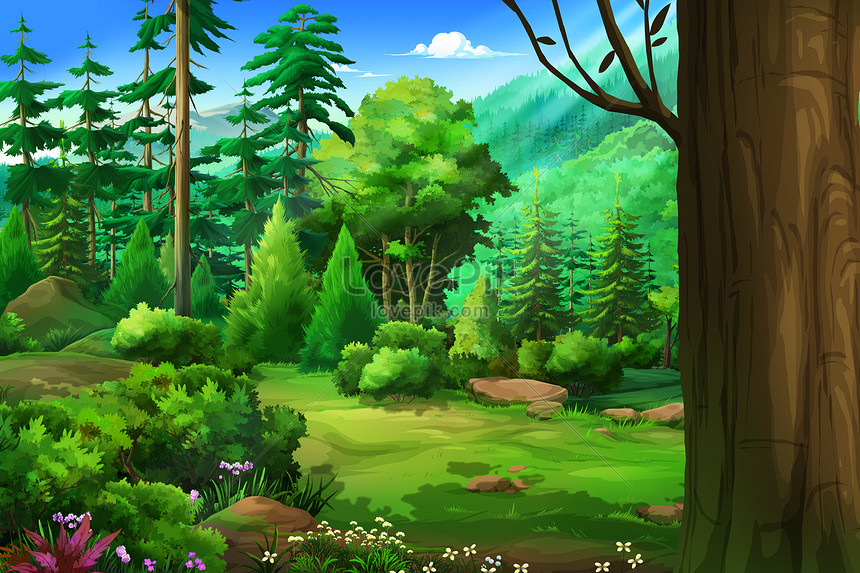 Illustration of fresh forest scenery under the sunlight in spring  illustration image_picture free download 