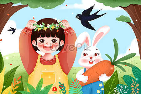 Boy and girl playing in the forest in summer season illustration image ...