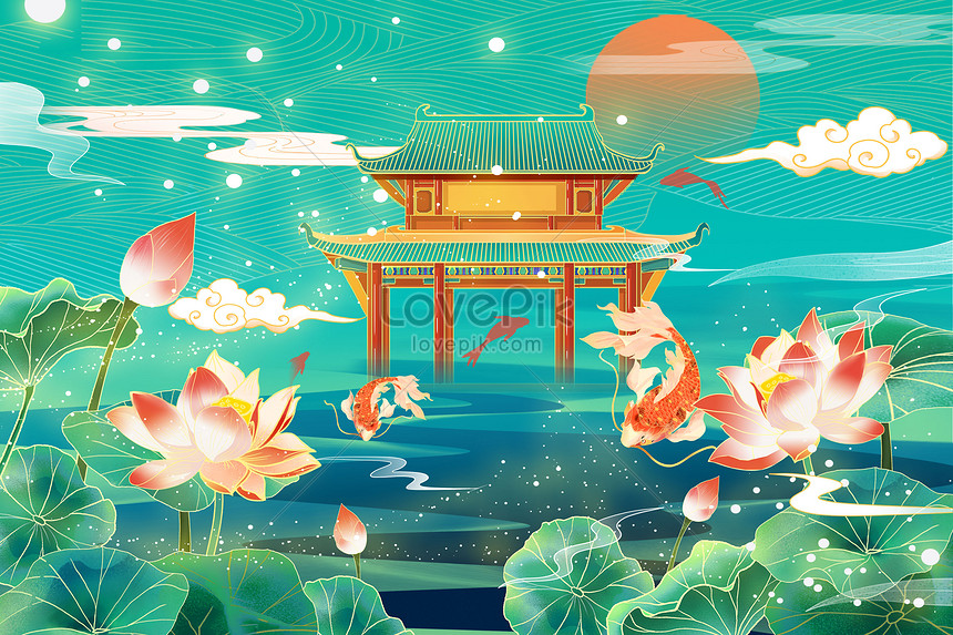 Chinese style beautiful pond lotus summer landscape illustration ...
