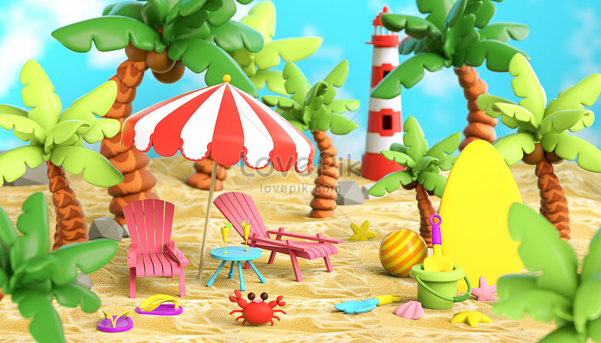 Escena Creativa De Dibujos Animados De Verano En La Playa | HD Creativo  antecedentes imagen descargar - Lovepik