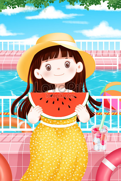 Girls who eat watermelon next to the swimming pool illustration image ...