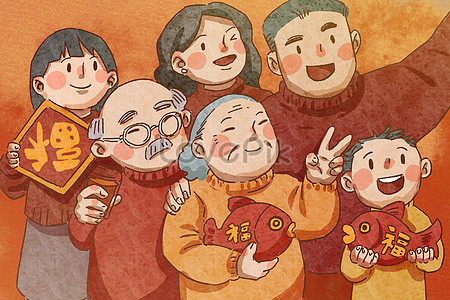 Čínský Nový rok rodinný portrét skupinové fotografie akvarel malba ilustrace