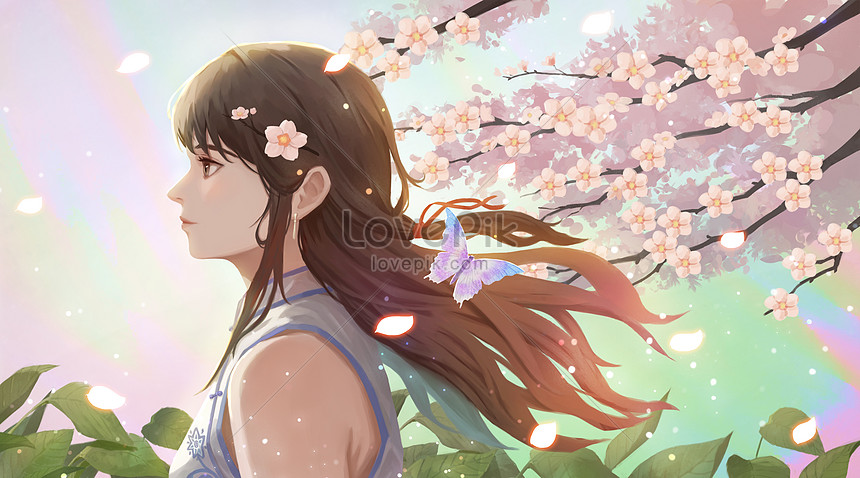 Girl under the cherry blossom tree in spring illustration image_picture ...