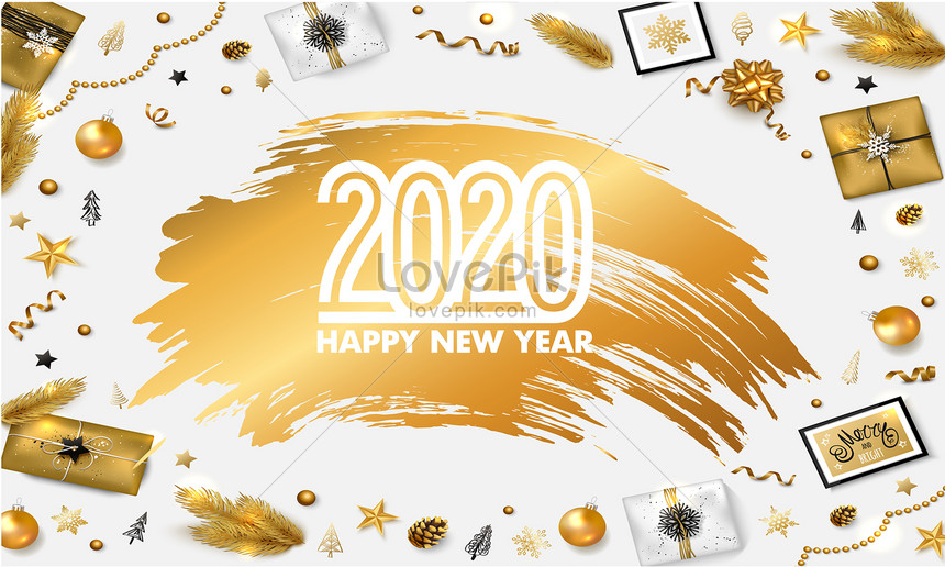 Happy New Year 2020 Party Poster Or Banner With Golden Gift Box And  Christmas Decoration Elements In Red And Gold Stylepromotion And Shopping  Template For New Yearvector Eps10 Stock Illustration - Download
